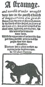 Strona tytułowa relacji wielebnego Abrahama Fleminga o pojawieniu się upiornego czarnego psa „Black Shuck” w kościele Bungay, Suffolk.